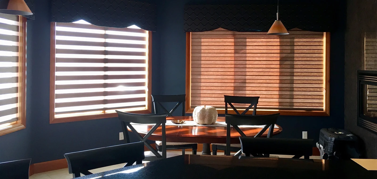 Brown dual shades around a dining area