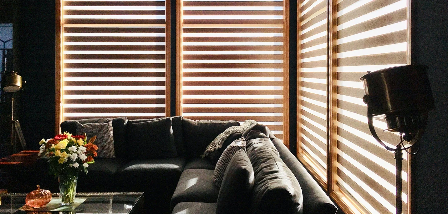 Warm brown dual shades beside a sofa