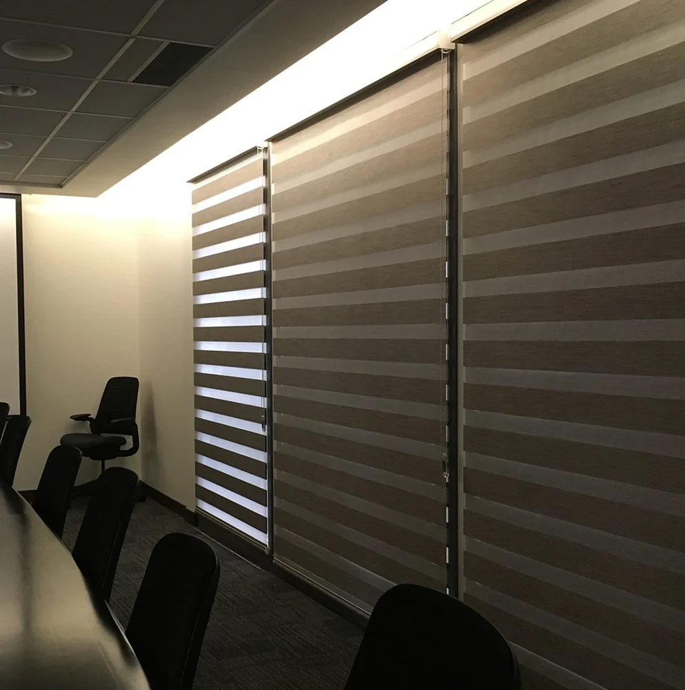 Conference room dual shades in a closed position