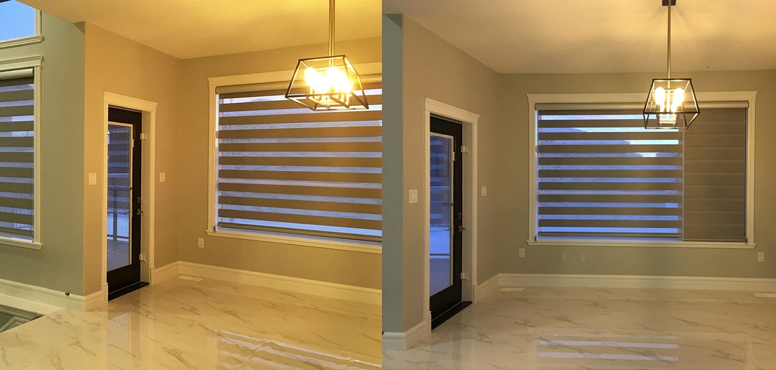 Living room dual shades shown open and closed