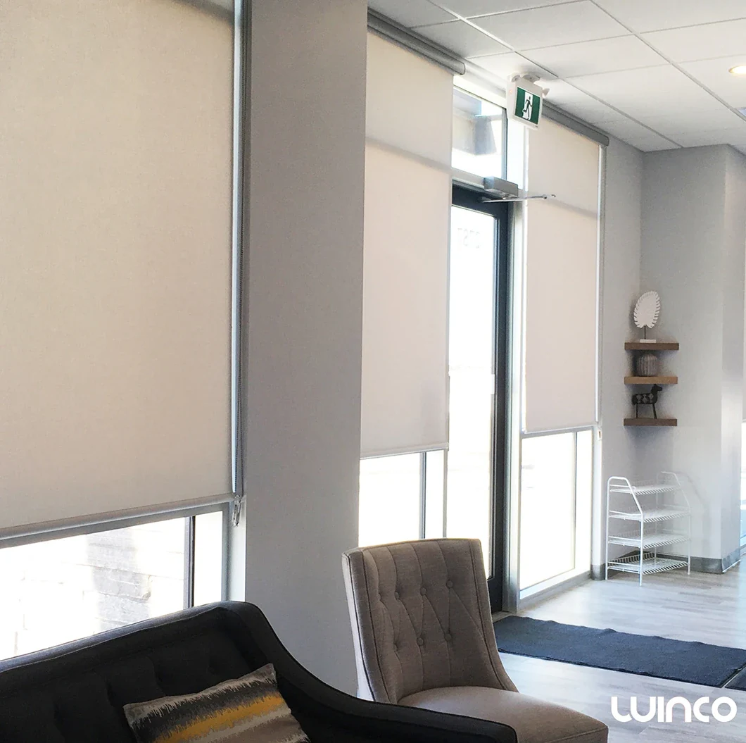 Roller shades fitted to an office window