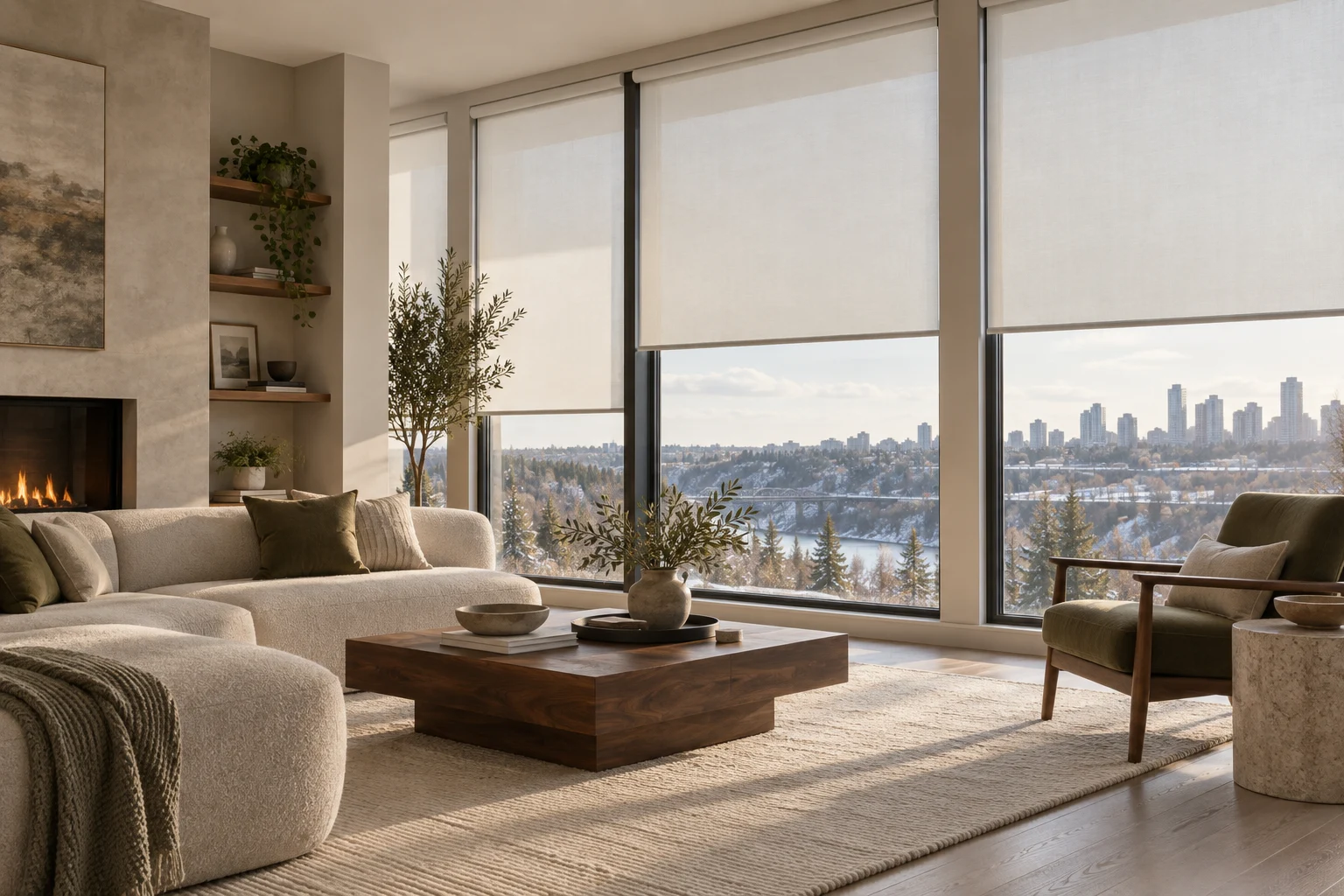 Warm living room concept with softly filtered daylight through roller shades